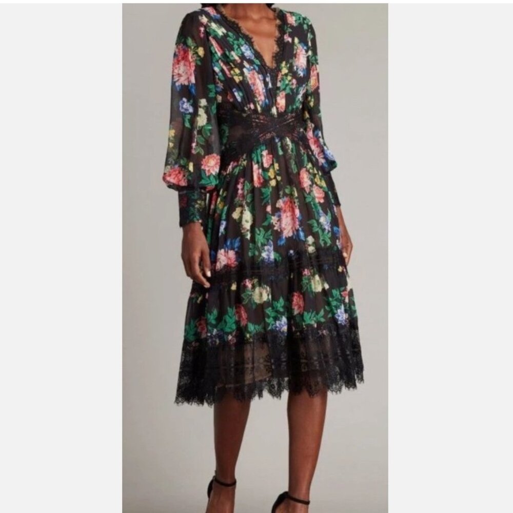 Tadashi Shoji Black Floral Print Midi Dress